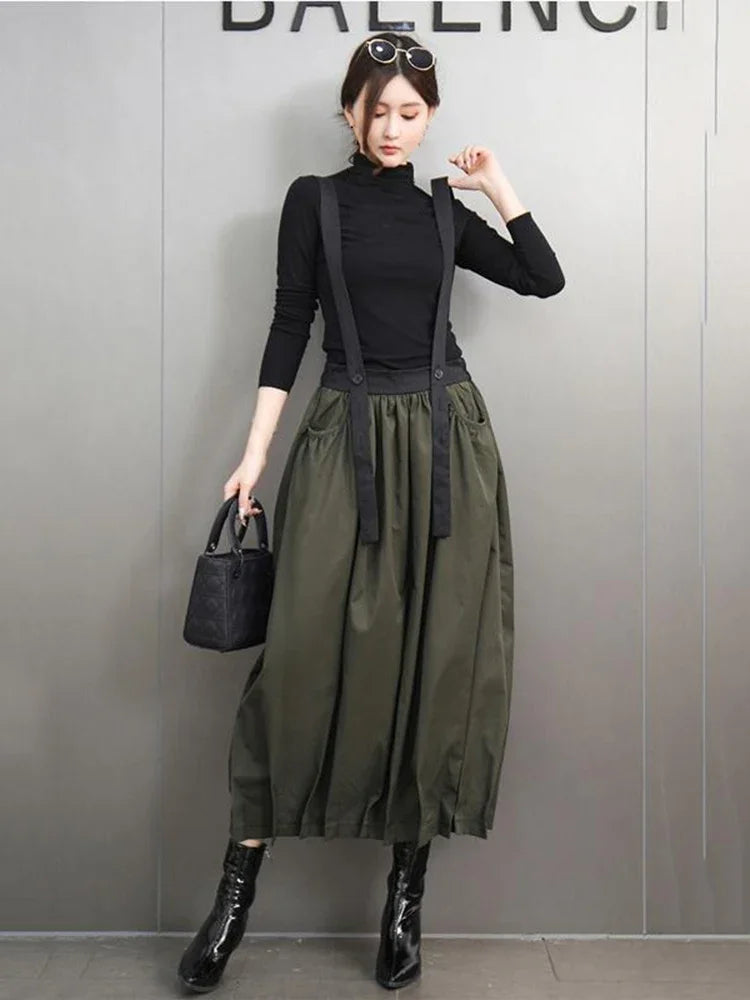 XITAO Suspenders Contrast Color Pocket Skirts Elastic Waist Patchwork Loose Fashion Mid-calf Casual All Match Skirt GMM1259