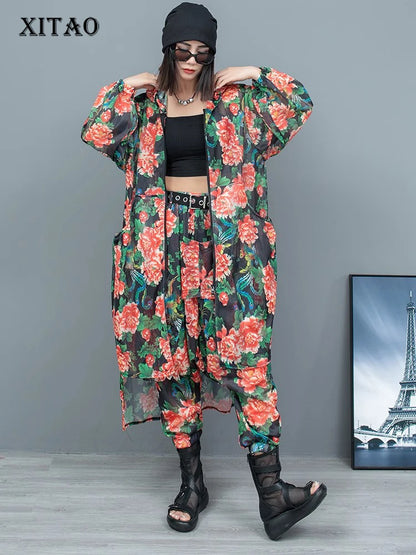 XITAO Asymmetrical Zipper Floral Hooded Pant Sets Pocket Patchwork Long Tops Elastic Waist Harem Pants 2024 Summer New WLD20157