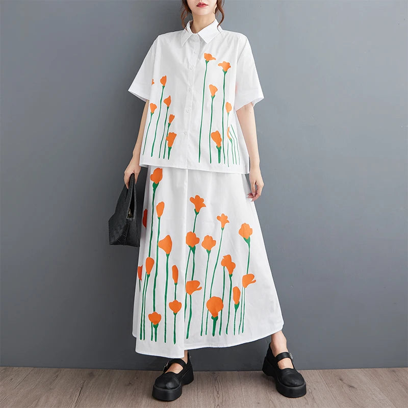 XITAO Casual Dress Sets Contrast Color Print Short Sleeve Shirt Top Skirt Two Pieces Sets Summer New Loose Casual Women DMJ4166