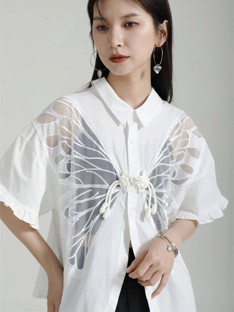 XITAO Solid Color Two Side Wear Shirt Hollow Out Perspective Butterfly Women Casual Shirt Fashion Turn Down Collar Top HJF4197