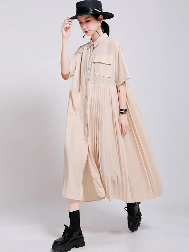 XITAO Patchwork Pleated Pocket Elegant Dress Women Clothes 2020 Summer New Fashion Turn Down Collar Loose Dresses DMY4747