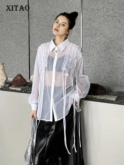 XITAO Gauze Edible Tree Fungus Women Shirt Solid Color Patchwork Hollow Out Single Breasted Turn-down Collar Summer ZY8840