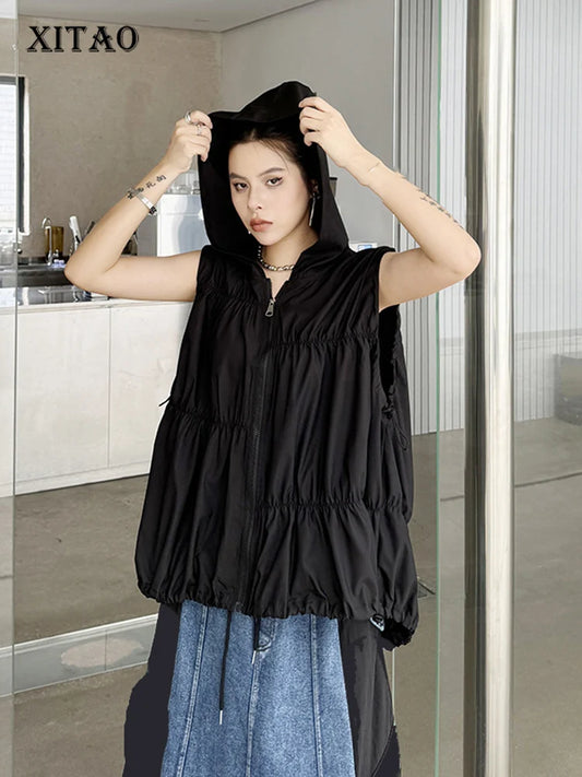 XITAO Irregular Folds Hooded Vests Solid Color Casual Fashion Loose Sleeveless Top Summer New Simplicity Women Vests ZY8870