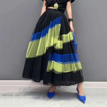 XITAO Mesh Skirt Fashion Irregular Contrast Color Patchwork Skirt Female Spring New All-match Street Trendy Women HQQ1386