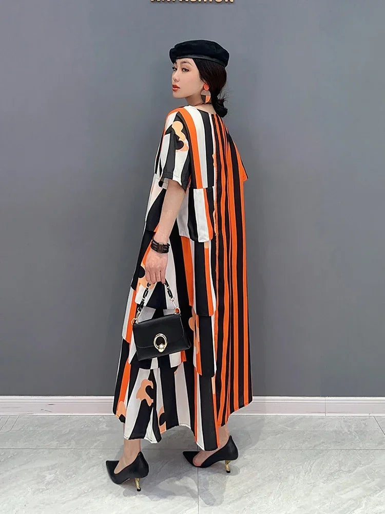 XITAO Asymmetrical Striped Print Dress Loose Fashion Contrast Color Loose Simplicity O-neck Pullover T-shirt Dress ZY8453