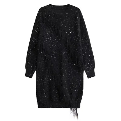 XITAO Sequin Patchwork Tassels Pullover Knitting Dress Solid Color Loose Casual Personality Temperament Slimming Dress GMM1339