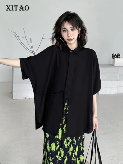 XITAO Lace-up Slit Shirt Solid Color Loose Fashion Half Bat Wing Sleeve Top 2024 Summer New Simplicity Casual Women DMJ4065