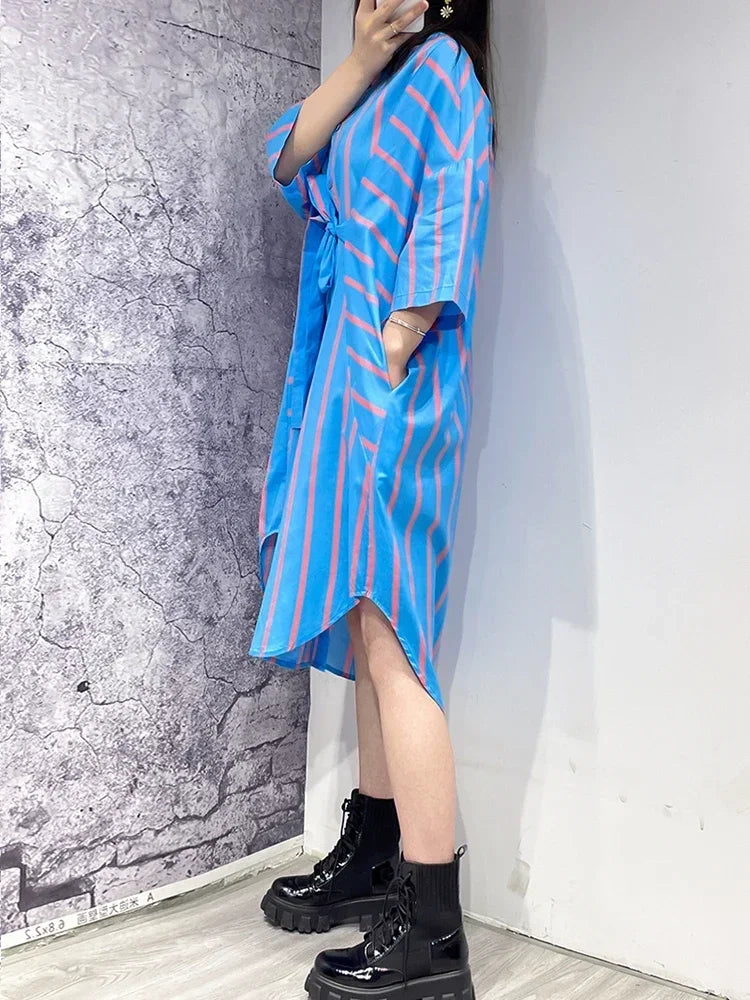 XITAO Contrast Color Striped Shirt Dress Fashion Bandage Splicing Loose Three Quarter Sleeve Casual New Trendy Dress WMD5205