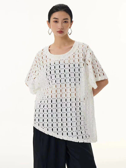 XITAO Asymmetric Hollow Out Female T-shirt Solid Color Loose Fashion Short Sleeve Summer O-neck Simplicity Pullover Top LYD1872