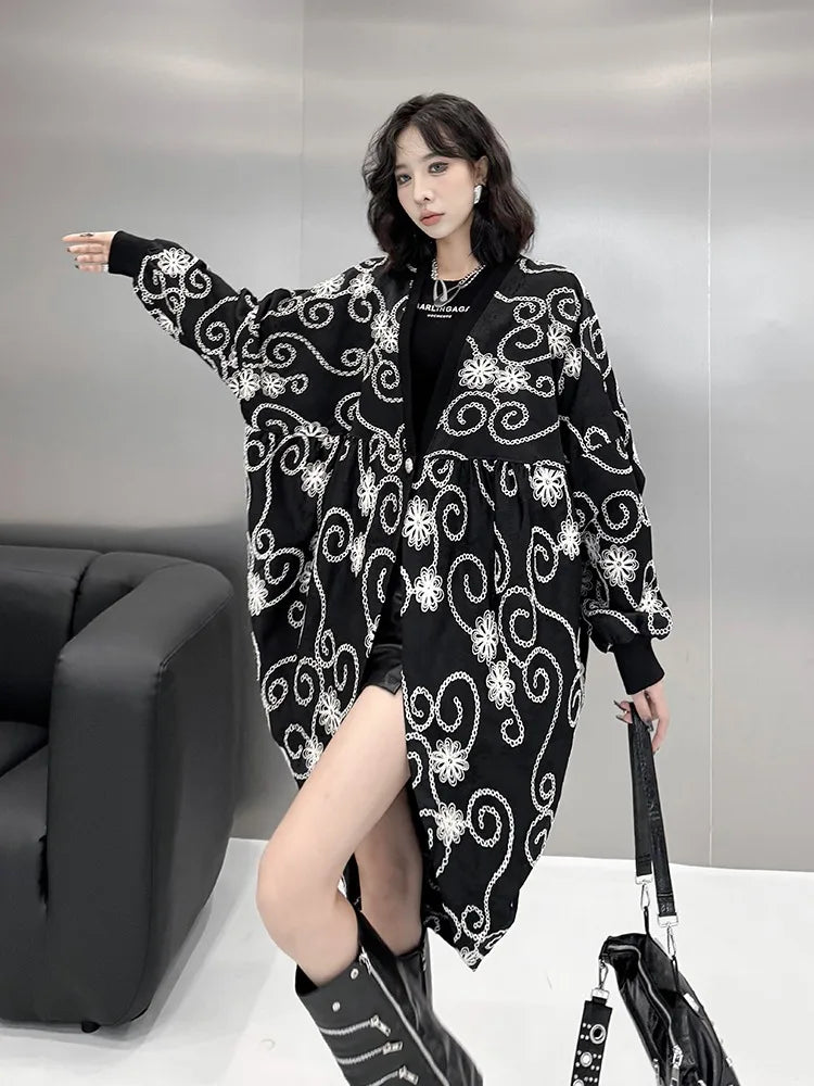 XITAO Embroidery Single Button V-neck Trench Batwing Sleeve Loose Fashion Loose Temperament Long Coat 2024 Autumn New ZY8882