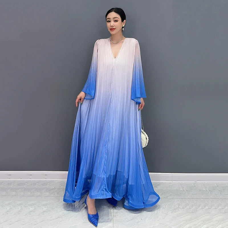 XITAO Gradient Gauze Dress Flare Sleeve Folds V-neck Collar Temperament  Women Long Dress Fashion Casual Loose New WLD20252