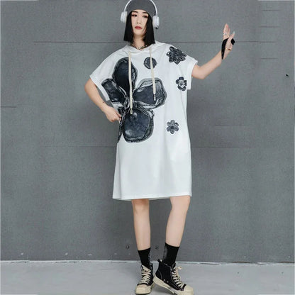 XITAO Hooded Print Flower Half Sleeve Dress Casual Loose Fitting A-line Knee-length Pullover Simple Summer Women Dress GMM1324