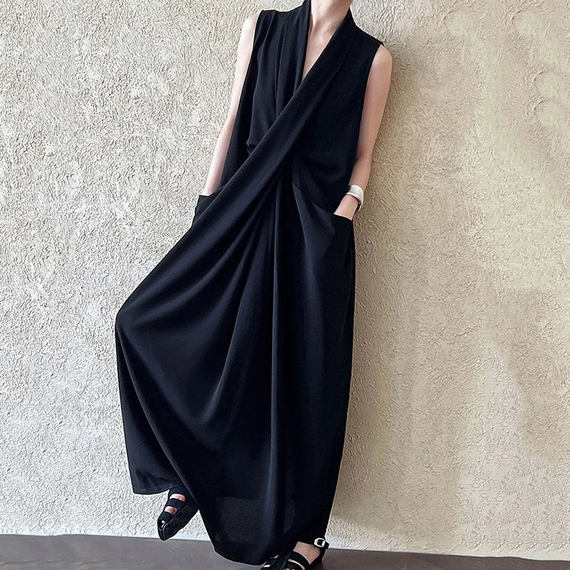 XITAO Solid Color Temperament Sleeveless Female Dress Deep V-neck Folds Casual Loose Long Dress Summer New Women GJ1066