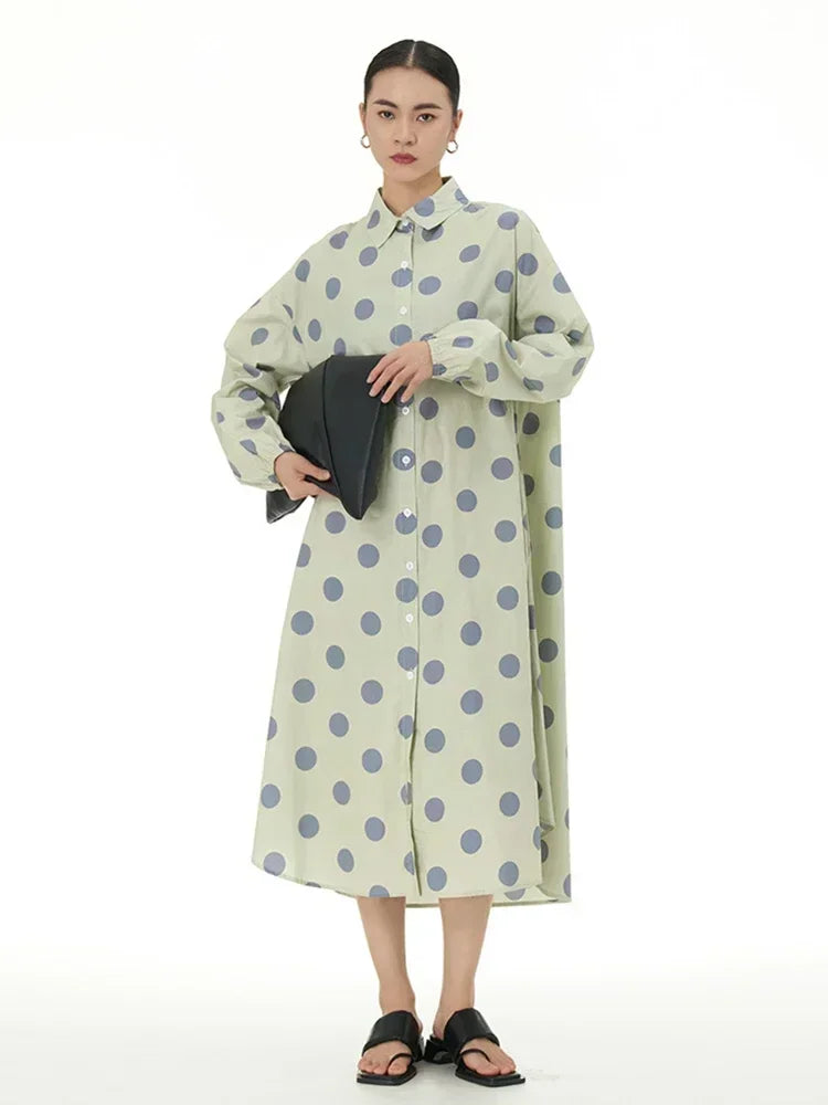 XITAO Dot Print Shirt Dress Loose Fashion Long Sleeve Turn-down Collar Women Casual Dress 2024 Spring Summer Simplicity DMJ2596