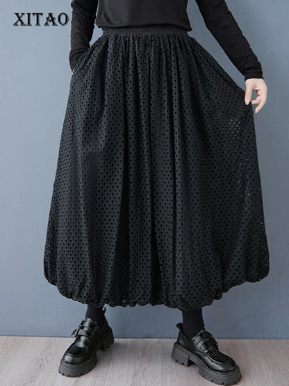 XITAO Hollow Out Mesh Casual Skirt Solid Color Loose Fitting A-line Mid-calf New Lace Dark Fashion Autumn Female Skirt GMM1236