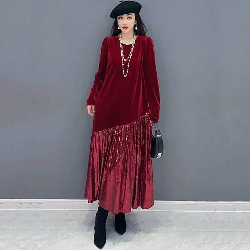 XITAO Patchwork Pleated Pullover Dress Loose Casual Solid Color O-neck Long Sleeve Temperament Spring Women New Dress DMJ3521