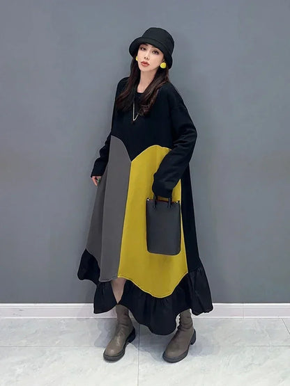 XITAO Contrast Color Patchwork Dress Fashion Asymmetrical Women Causal Long Sleeve Pullover Dress Spring Autumn New HQQ1925