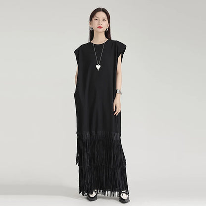 XITAO Tassel Patchwork Sleeveless Dress Pocket Solid Color O-neck Pullover Loose Ankle-length Dress 2024 Summer Casual ZY8819