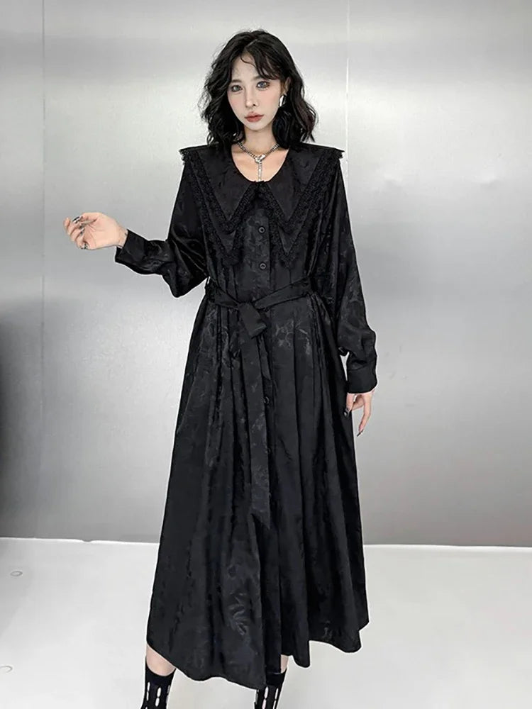 XITAO Lace Patchwork Turn-down Collar Dresses Single Breasted Solid Color Temperament Loose Shirt Dress 2024 Autumn New HQQ2411