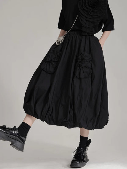 XITAO Loose Patchwork Folds Skirt Fashion Pocket Street Trend Women Summer New Casual Elastic Waist All-match Skirt LYD1859