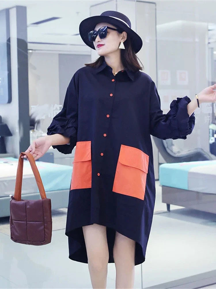 XITAO Irregular Long Shirt Splicing Contrast Color Pocket Loose Fashion Casual Women New Three Quarter Lantern Sleeve GWJ2290