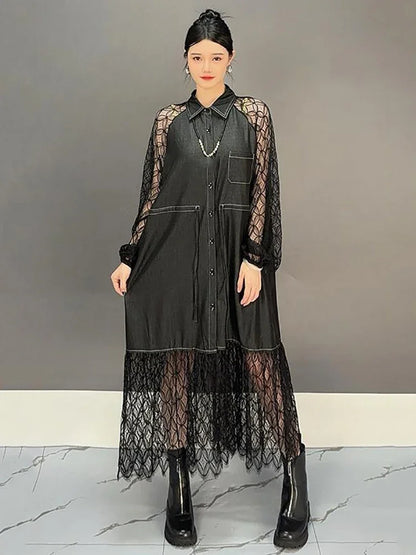 XITAO Lace Patchwork Shirring Single Breasted Dresses Solid Color Turn-down Collar Long Sleeve Fashion Dress 2025 Spring GMM1189