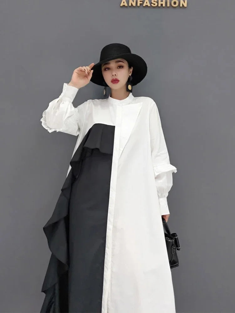 XITAO Asymmetrical Shirt Dress Splicing Contrast Color Ruffles Temperament Fashion Stand Collar Women Spring New GWJ3094