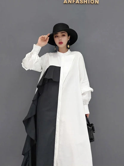 XITAO Asymmetrical Shirt Dress Splicing Contrast Color Ruffles Temperament Fashion Stand Collar Women Spring New GWJ3094