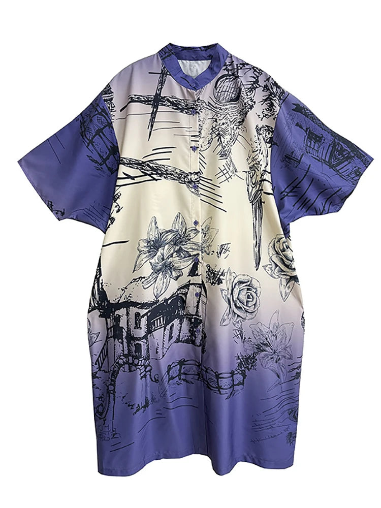 XITAO Chinese Style Printing Short Sleeve Dress Vintage Fashion Female New Summer Single Breasted A-line Shirt Dress DMJ4080