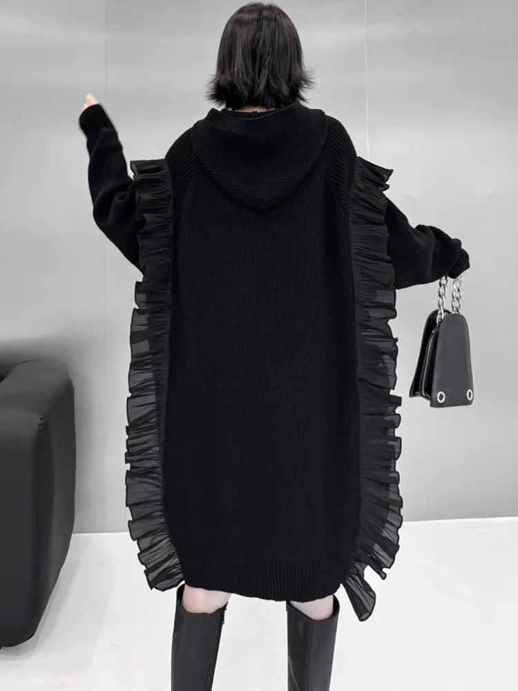 XITAO Edible Tree Fungus Knitting Hooded Dress Patchwork Long Sleeve Knee-Length Loose Fashion Casual Sweater Dress GMM1243