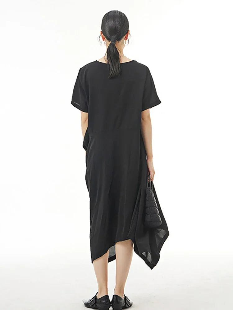 XITAO Asymmetrical Folds Splicing Dress Solid Color Temperament Simplicity O-neck Collar Casual Loose New WMD5417