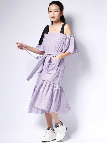 XITAO Off Shoulder Backless Midi Dress Korea Fashion New Women 2024 Pleated Bow Elegant Bandage Strapless Casual Dress HJH103