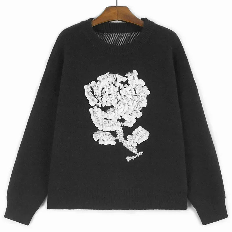 XITAO Flower Solid Color Loose Sweater Patchwork Full Sleeve Pullover O-neck All Match 2024 Autumn Top Women Sweater ZYY1088