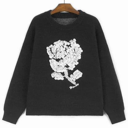 XITAO Flower Solid Color Loose Sweater Patchwork Full Sleeve Pullover O-neck All Match 2024 Autumn Top Women Sweater ZYY1088