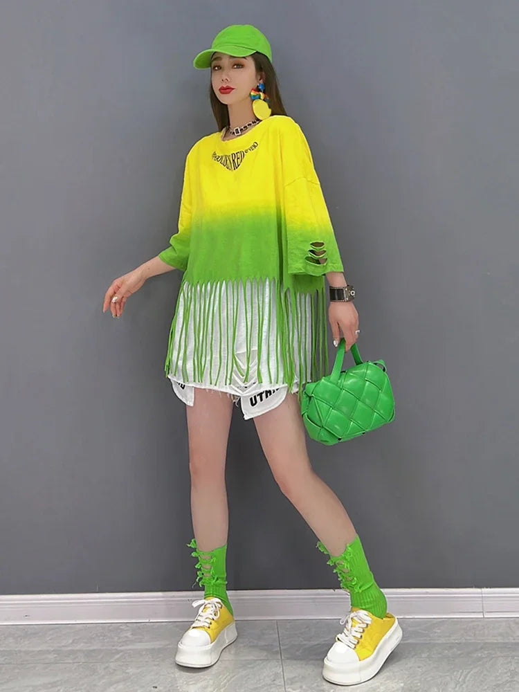 XITAO Patchwork Tassel T-Shirt Women Korea Summer New Personality Fashion Loose O-neck Three Quarter Sleeves T-Shirt ZY6822