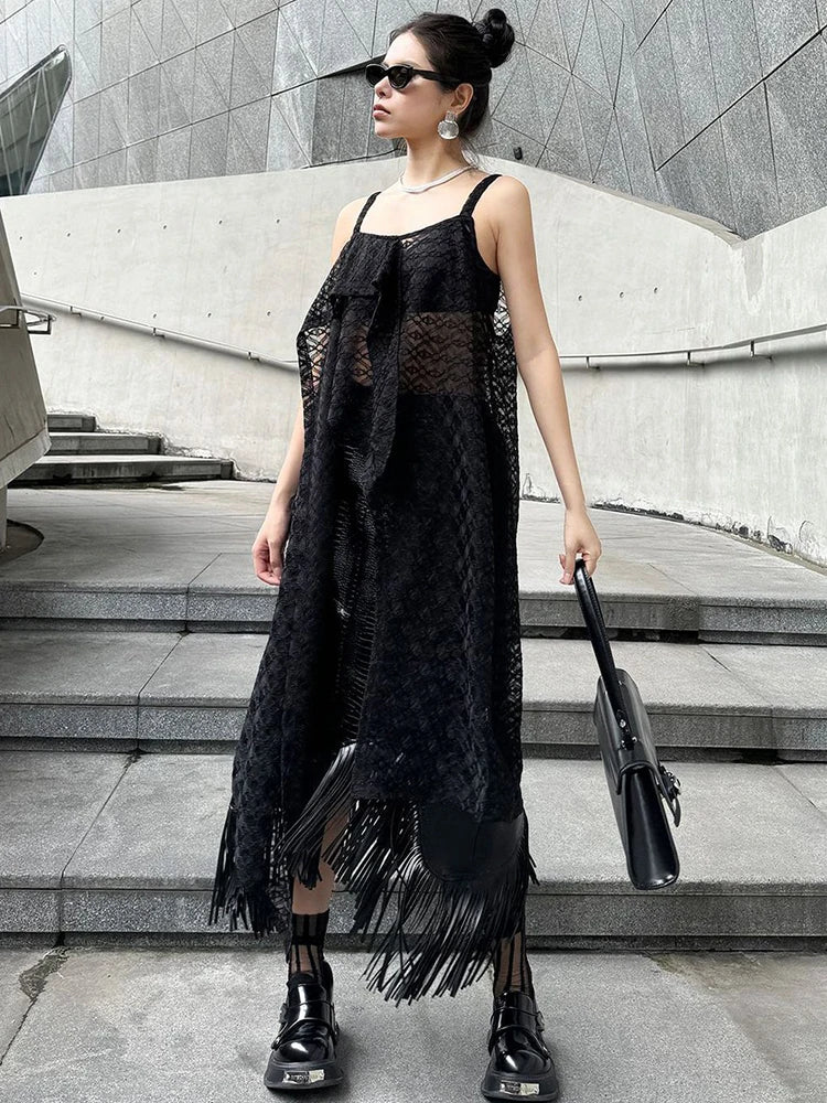 XITAO Lace Sheer Patchwork Sling Dress Loose Irregular Simplicity All-match Casual Fashion 2024 Summer Women New Dress HQQ2314