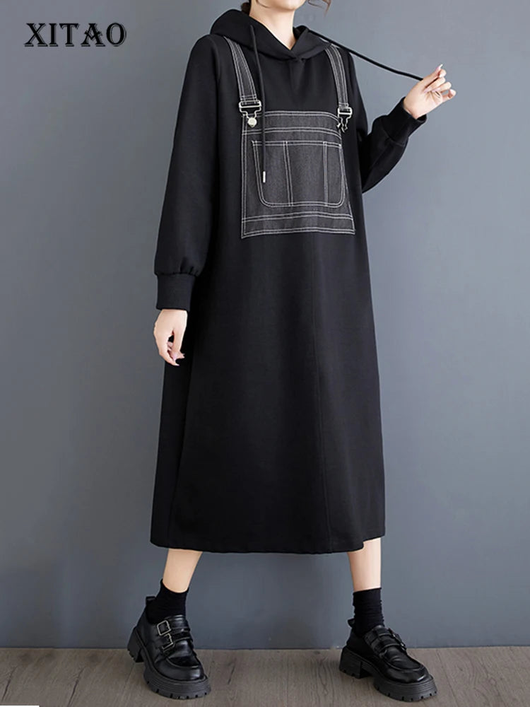 XITAO Loose Denim Patchwork Hooded Women Dress Pullover Casual Sliming Mid-calf Personality Trendy Female Dress Autumn ZYY1030