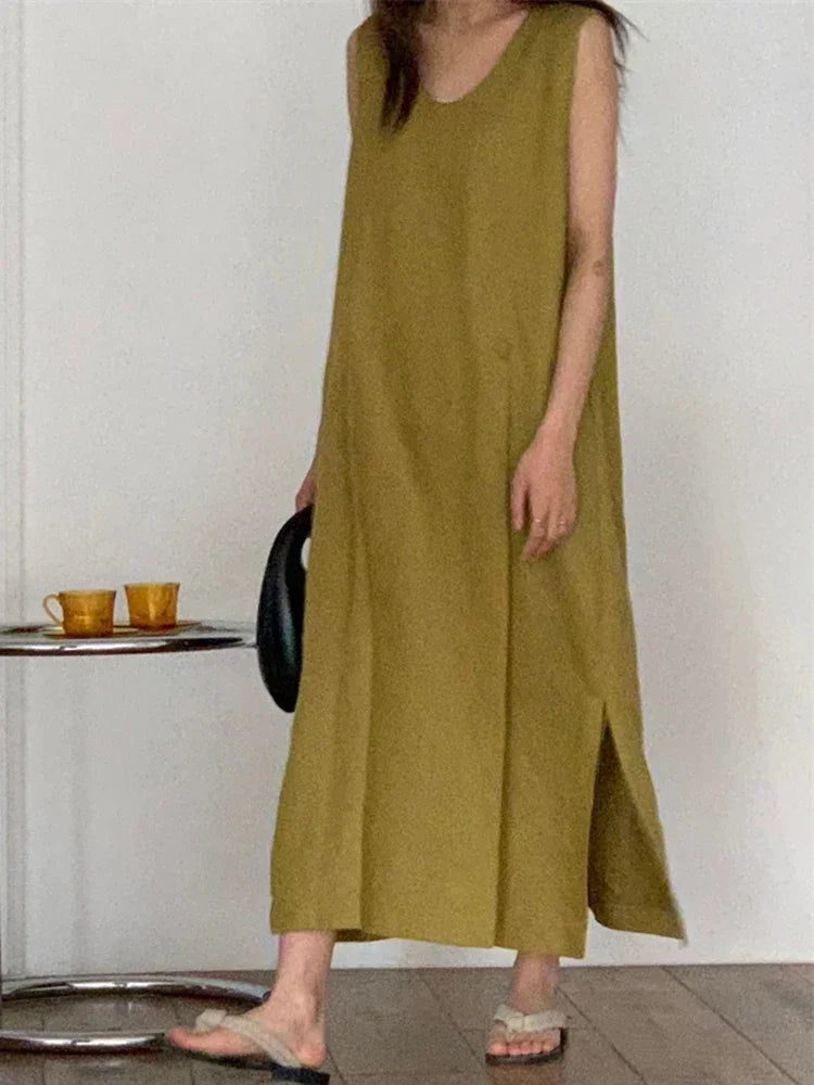 XITAO Loose Casual Simplicity Sleeveless Side Split Dress O-neck Solid Color Summer Women New All-match Dress DMJ1942