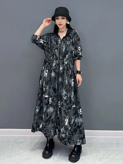 XITAO Hooded Print Sun-proof Dress Casual Fashion Zipper Splicing Long Sleeve Women 2024 Summer New Loose Blouse Dress ZY8795