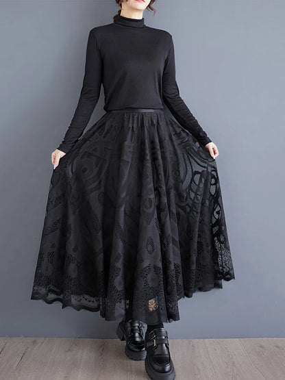 XITAO Black Lace Loose Female Skirts Casual 2024 Autumn A-line Elastic Waist Female All Match Ankle Length Skirt GYX1077