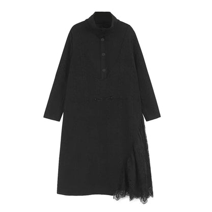 XITAO Patchwork Lace Draw Rope Irregular Dress Stand Collar A-line New Casual Simplicity Full Sleeve Autumn Women Dress GMM1151