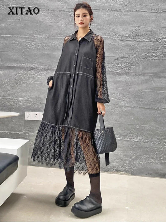 XITAO Patchwork Lace Turn-down Collar A-line Shirt Dress Casual Solid Color Full Sleeve Personality Autumn Women Dress GMM1138