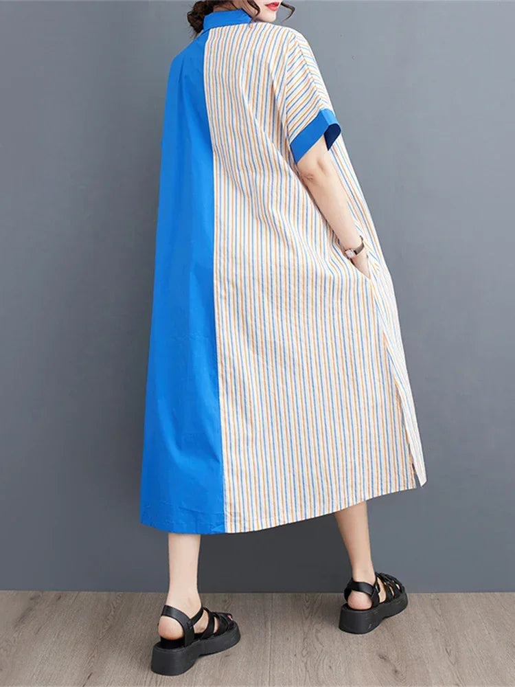 XITAO Striped Dress Fashion Women Goddess Fan Single Breasted Goddess Fan Casual Style Loose Summer Elegant Dress WLD11528