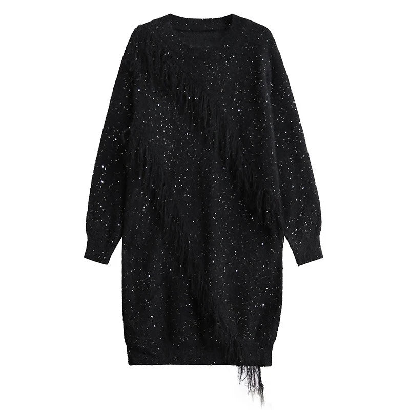 XITAO Casual Tassel O-neck Dress Loose Fashion Sequin Women Personality Trendy Solid Color Slimming Irregular Dress GYX1701