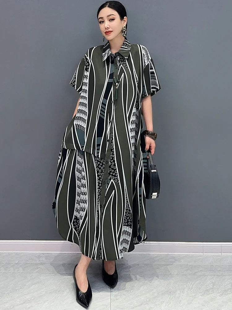 XITAO Print Irregular Shirt Dress Single Breasted Loose Casual Temperament Slimming Fashion ZY8854