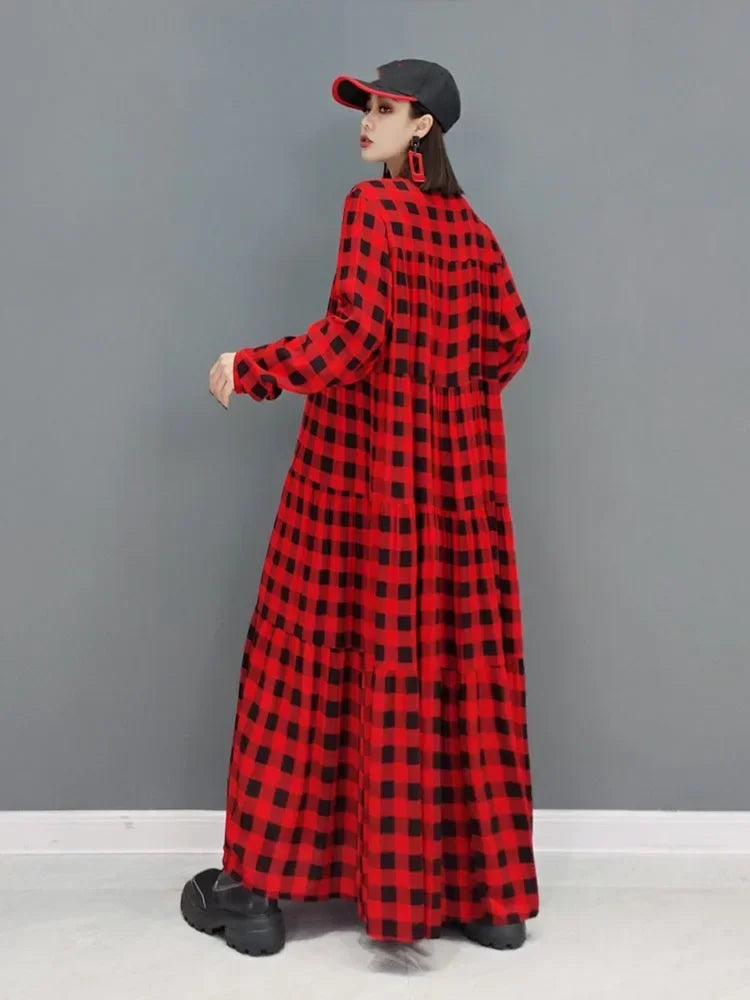 XITAO Plaid Pleated Pullover Dress Women Spring New Personality Fashion Loose Half High Collar Full Sleeve Dress GWJ0734