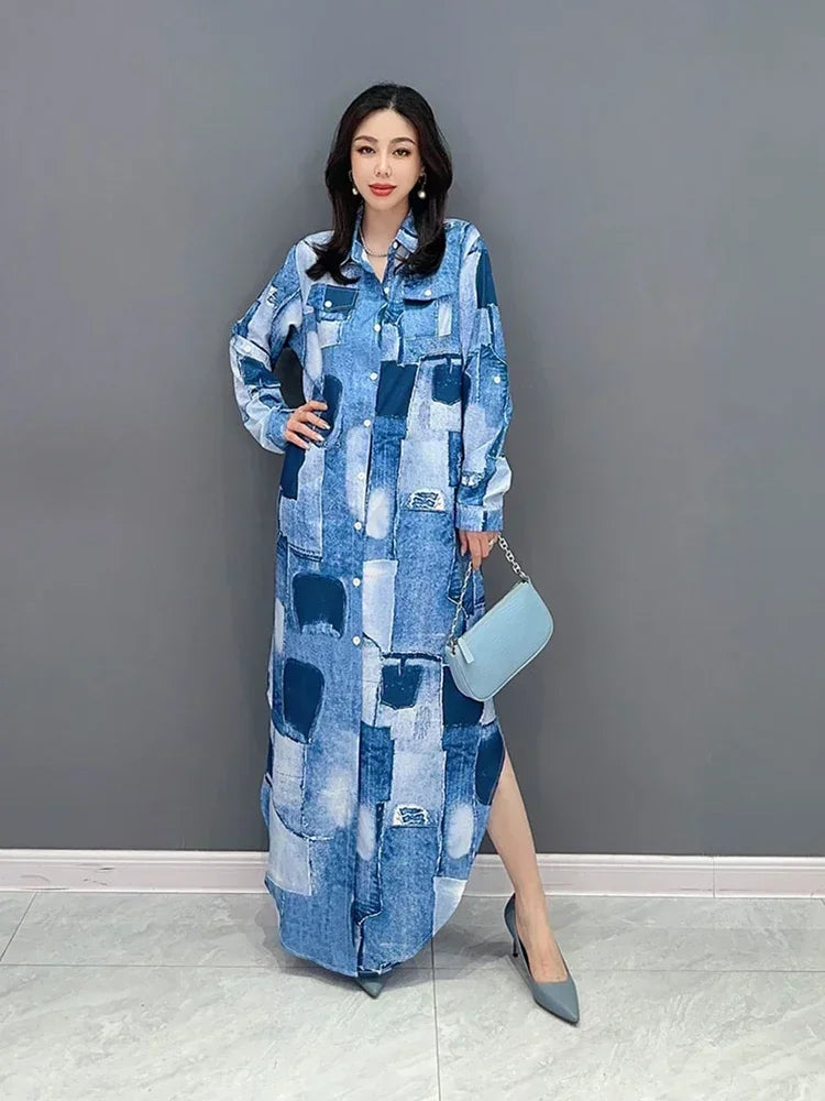 XITAO Color Block Print Shirt Dress Appear Thin Fashion Casual Loose Temperament Turn-down Collar Single Breasted Dress HQQ0427