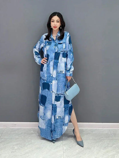 XITAO Color Block Print Shirt Dress Appear Thin Fashion Casual Loose Temperament Turn-down Collar Single Breasted Dress HQQ0427