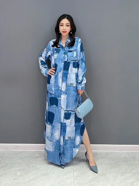 XITAO Color Block Print Shirt Dress Appear Thin Fashion Casual Loose Temperament Turn-down Collar Single Breasted Dress HQQ0427