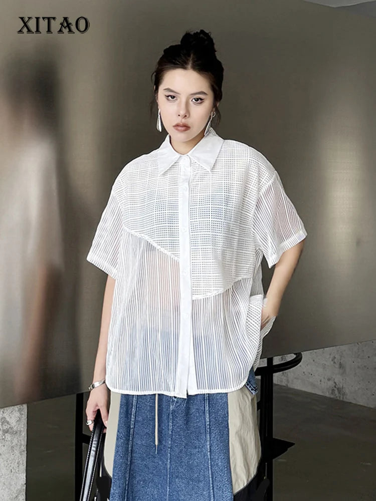 XITAO Striped Gauze Shirt Solid Color Perspective Short Sleeve Women Irregular Top Summer Personality New Shirt ZY8868